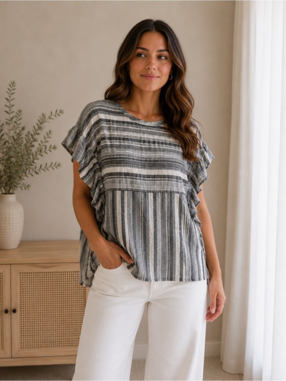 Doe & Rae Striped Ruffle Sleeve Top Cotton Boho Blouse S NWT